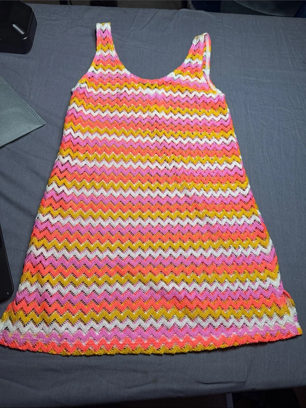 art class Pink, Yellow & White Zigzag Crochet Swim Coverup